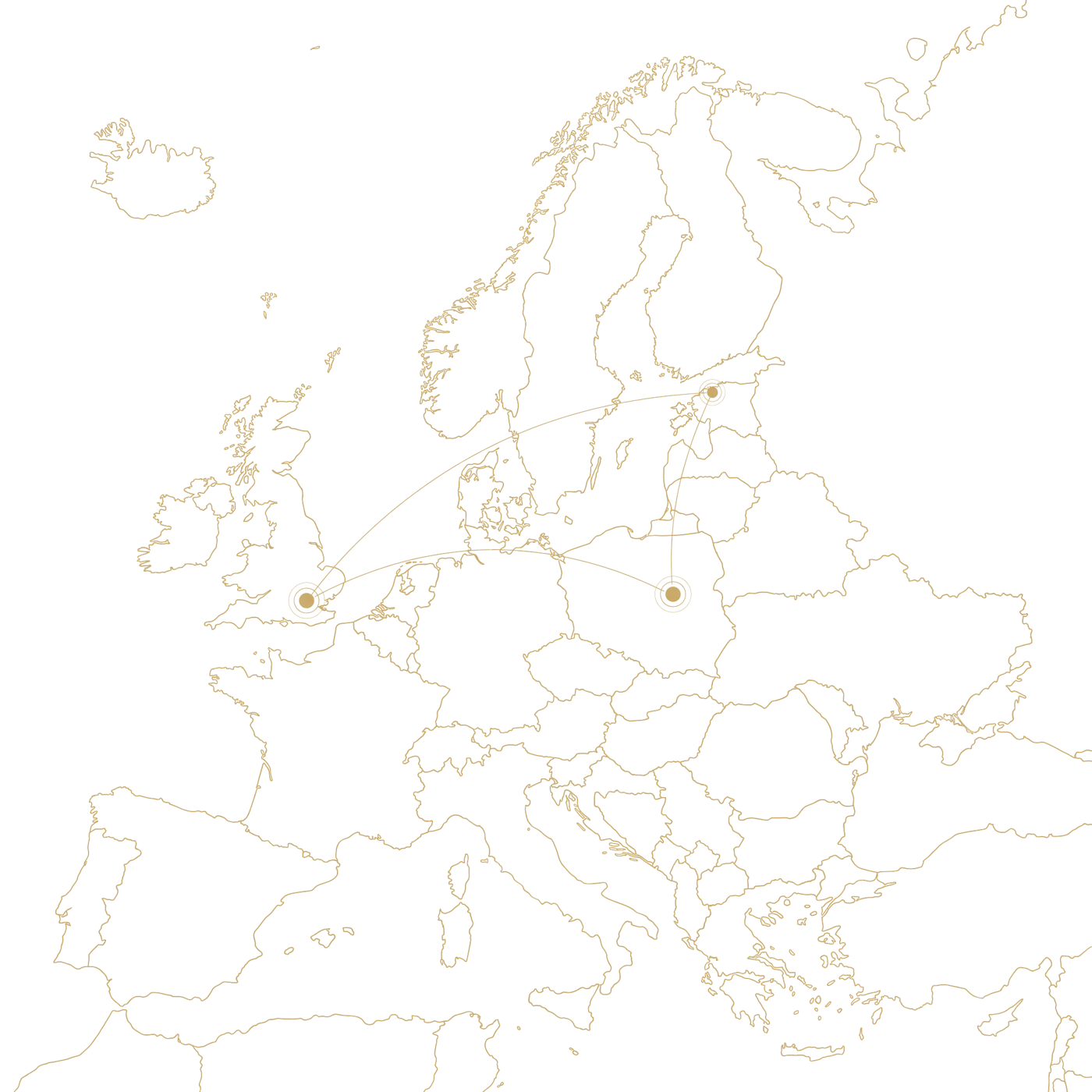 Konturowa mapa Europy z zaznaczonymi punktami w Wielkiej Brytanii, Polsce i Estonii